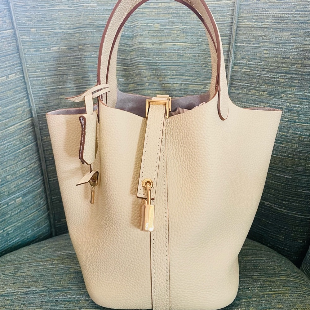 Structured Cream Pebble Leather Tote with Gold Hardware Accents